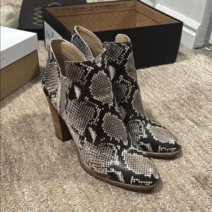Vince Camuto Black and White Ankle Boots with Snake Print